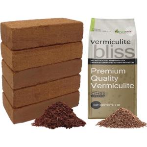 imageCoco Bliss 650gm Bricks 5Pack  Vermiculite Bliss 8 Qts  Organic Coco Coir for Plants ampamp Vermiculite for Gardening  Cocopeat Coconut Soil  Coconut Coir for Plants  Garden Soil Potting Mix